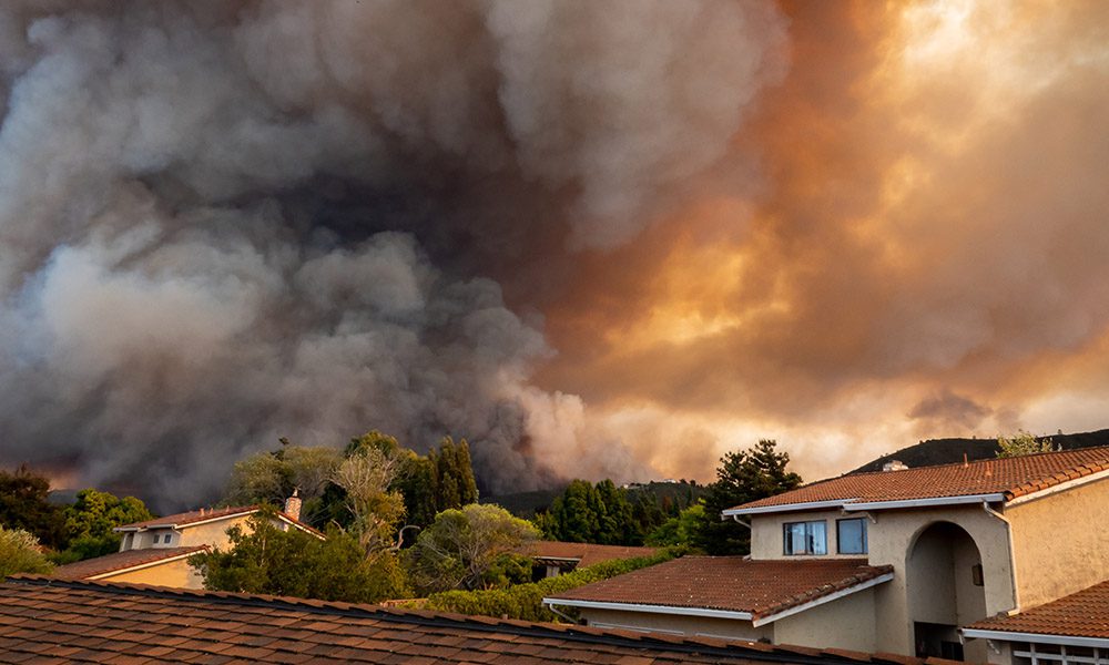 As the Wildfire Approaches - Wildfire and Dark Smoke Approaching California Homes